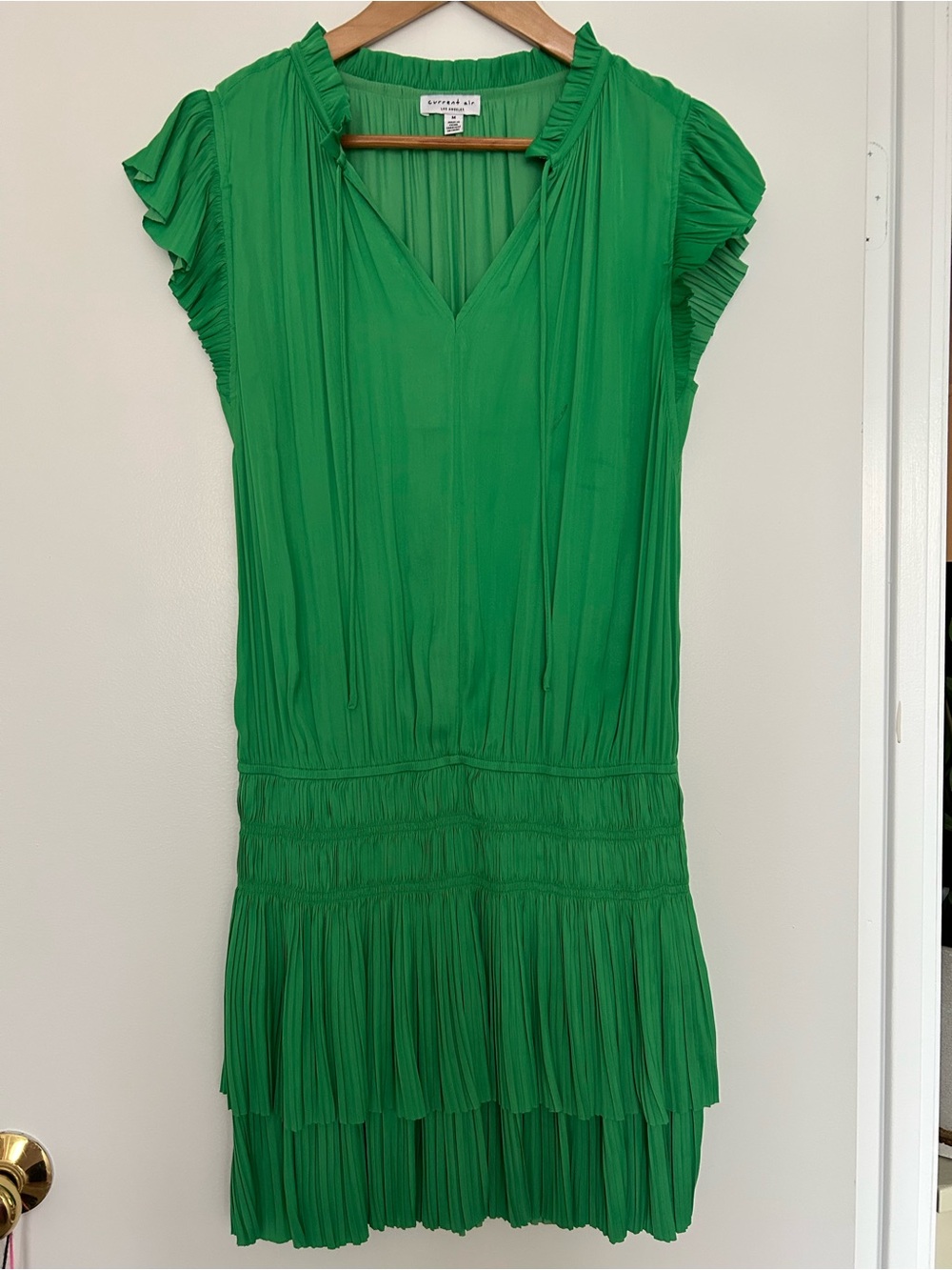Current Air Emerald Green Pleated V-Neck Silk Dress